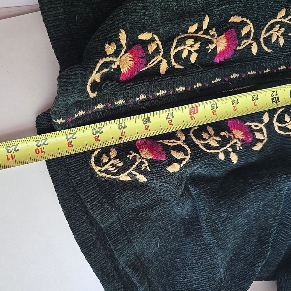 Vintage Fall Cardigan Sweater L Green Chenille Embroidered Zip Christopher Banks - Picture 8 of 9